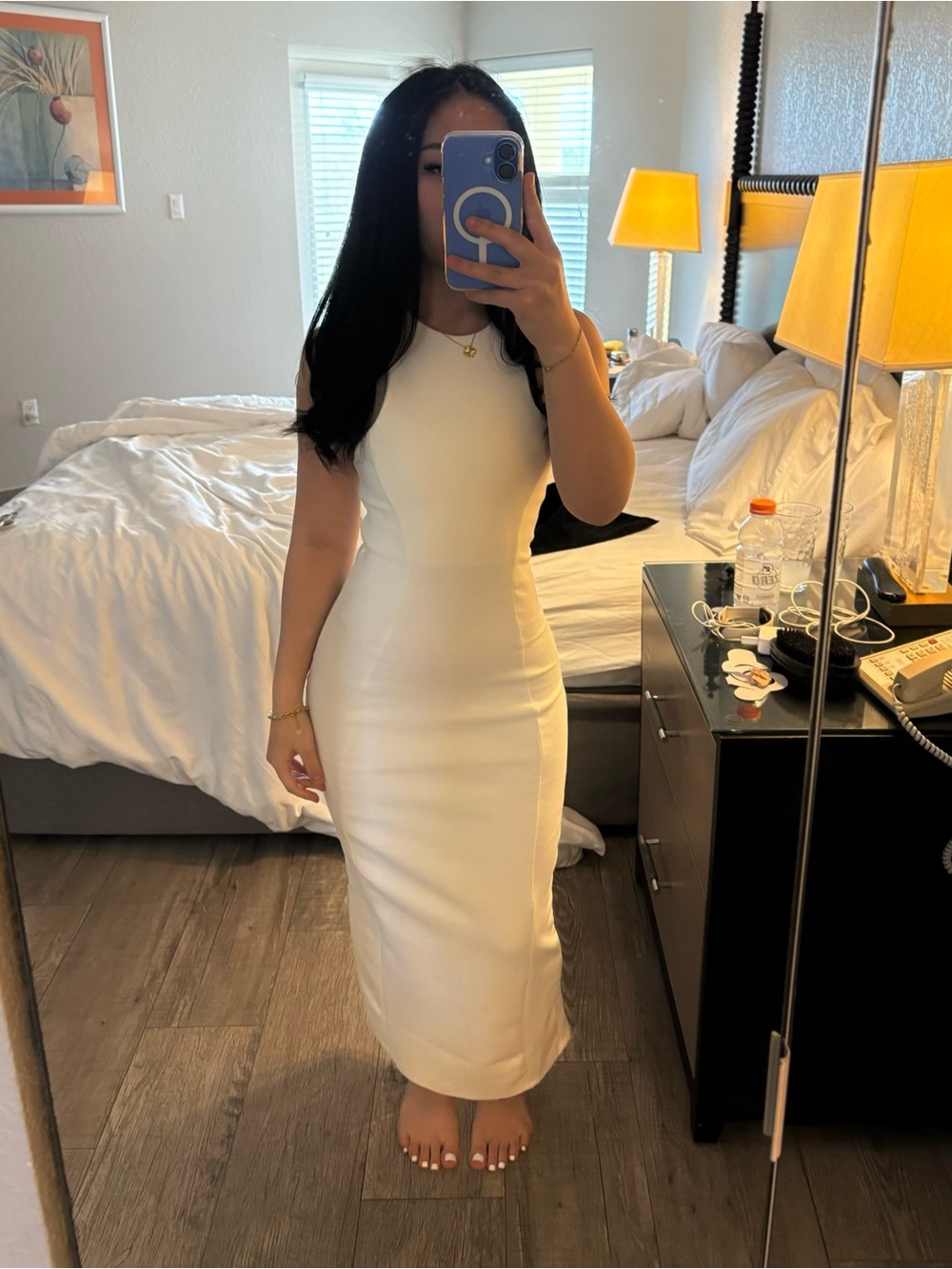 Sleeveless White Halter Contour Maxi Dress